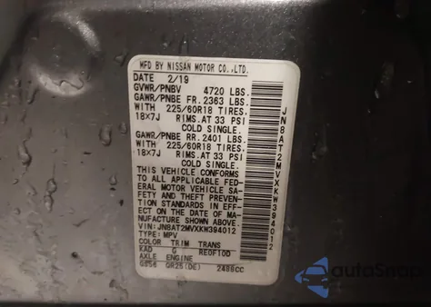 2019 Nissan Rogue Sv z USA, uszkodzony, nr VIN JN8AT2MVXKW394012